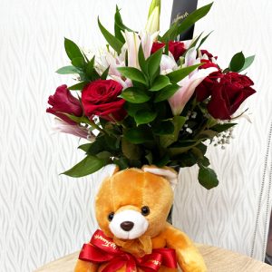 Beauty of Teddy Bear and Flowers Vase