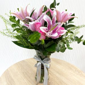 Pink Oriental Lily In Glass Vase